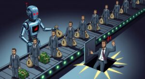 The image shows a robot giving money to founders who are all exactly the same, but rejecting one who is slightly different