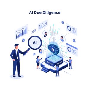 Image depicts AI Due Diligence as an investor inspects a startup's AI.