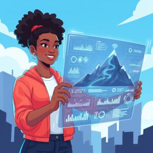 A founder uses a futuristic digital map filled with data and charts to visualize her path to success.