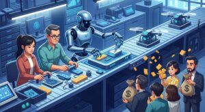 Image showing a startup team working with an AI robot to efficiently build a product, in turn attracting investors with funding.