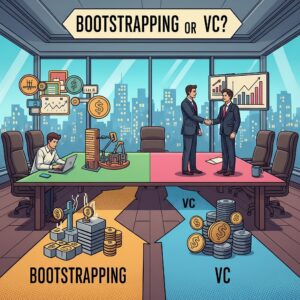 Image illustrating the different paths of Bootstrapping and VC funding for tech startups.