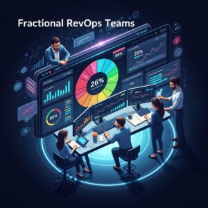 A RevOps team analyzes performance data on futuristic dashboards.