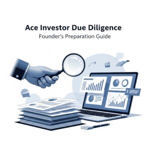 Image depicting a magnifying glass examining business documents represents investor due diligence.
