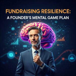Image depicting a determined businessman stands in front of a glowing brain, symbolizing the mental fortitude required for successful fundraising.