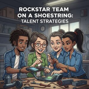 This cartoon depicts a diverse and resourceful team enthusiastically collaborating on a technical project in their workshop.