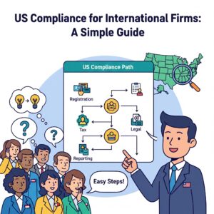 This cartoon depicts a helpful guide using a simple flowchart to explain the steps of US compliance to an international audience.