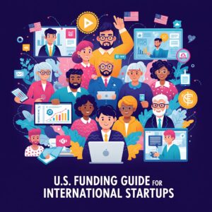Image depicts a diverse group of international entrepreneurs collaborating to secure U.S. funding.