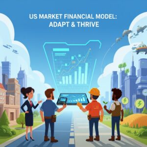 This cartoon shows workers using technology to plan for the future market.