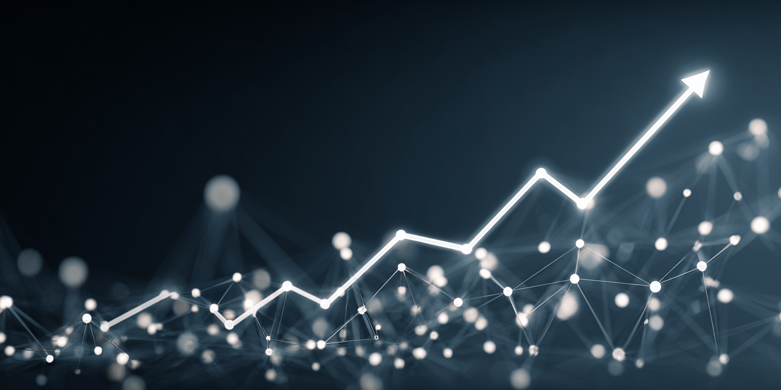 Upward trending growth chart with network connection nodes overlaid, symbolizing capital-accelerated growth through strategic relationships.